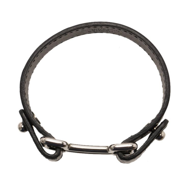 Pre Owned Hermes H Black Leather Palladium Plated Wide Bracelet M