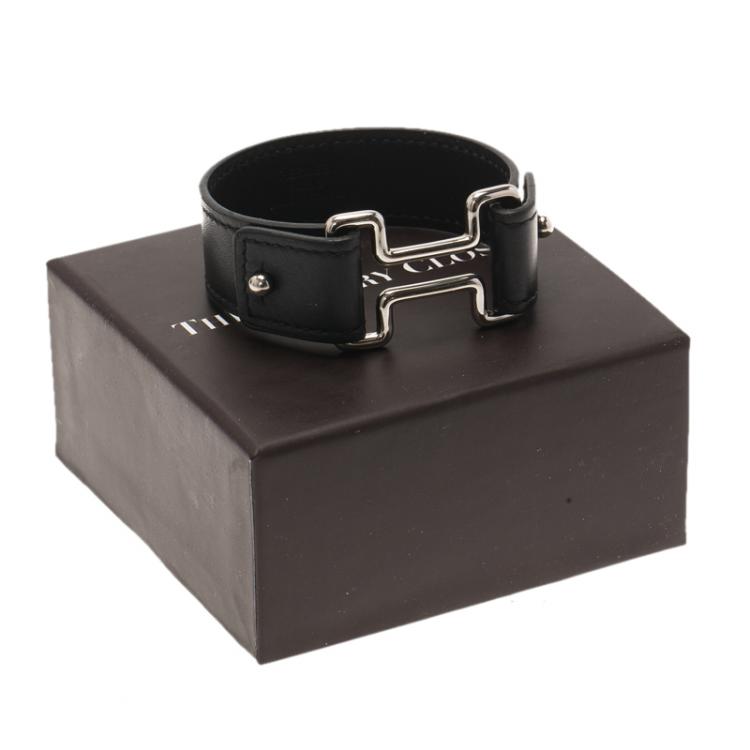 Pre Owned Hermes H Black Leather Palladium Plated Wide Bracelet M