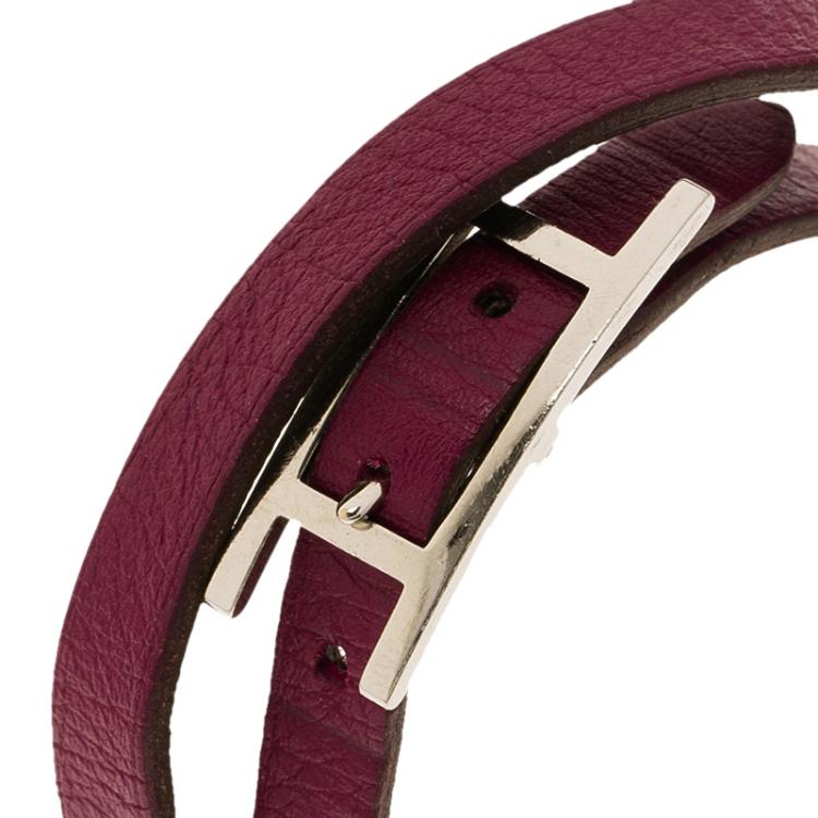 Pre Owned Hermès Hapi 3 MM Purple Leather Palladium Plated Wrap Bracelet GM