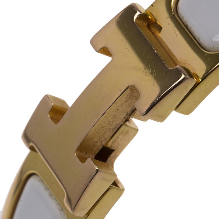 Pre Owned Hermes Clic Clac H White Enamel Gold-Plated Narrow Bracelet PM