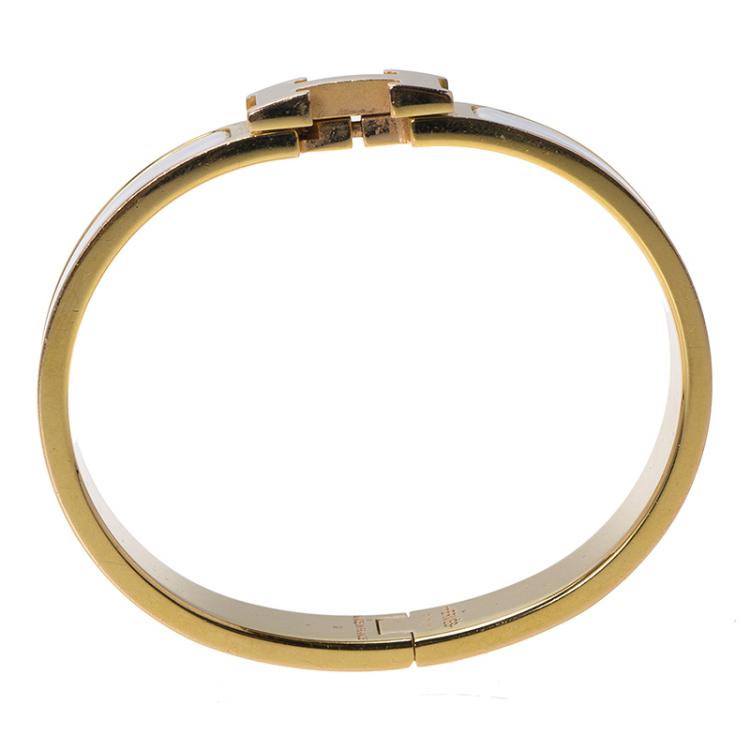 Pre Owned Hermes Clic Clac H White Enamel Gold-Plated Narrow Bracelet PM