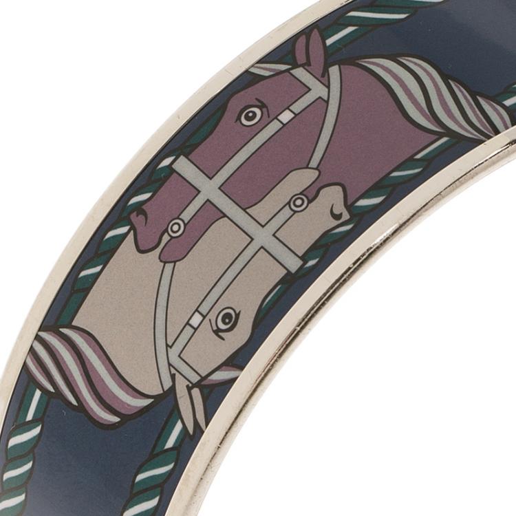 Pre Owned Hermes H Horse Printed Blue Enamel Palladium Plated Wide Bangle 21cm