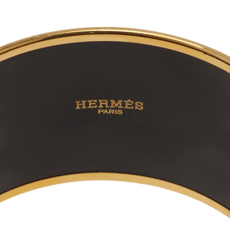 Pre Owned Hermes Extra Wide Printed Enamel Gold Plated Bangle Bracelet