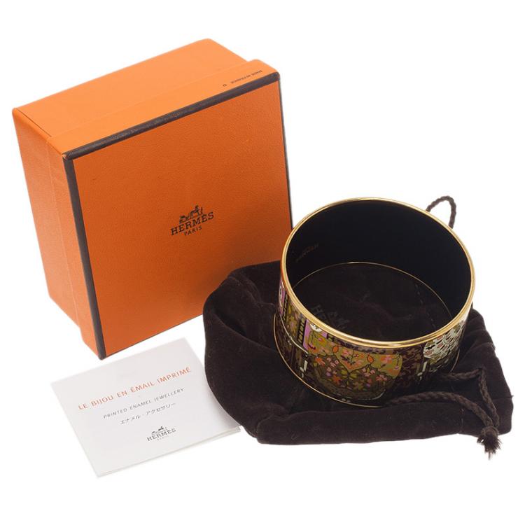 Pre Owned Hermes Extra Wide Printed Enamel Gold Plated Bangle Bracelet