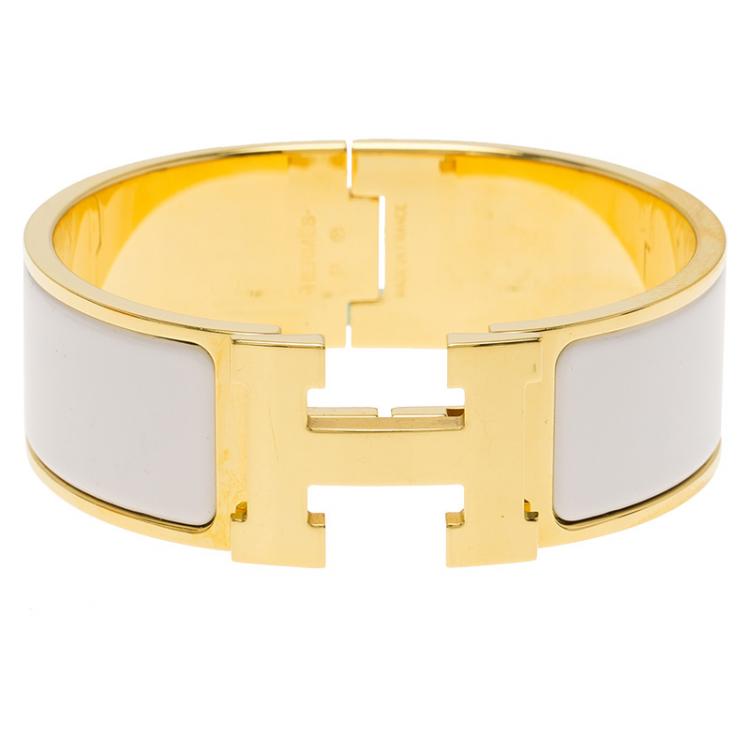 Pre Owned Hermes Clic Clac H White Enamel Gold Plated Wide Bracelet PM
