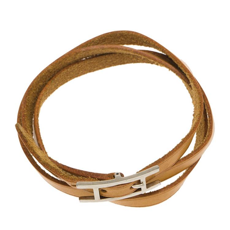 Pre Owned Hermès Hapi 3 MM Brown Leather Palladium Plated Bracelet