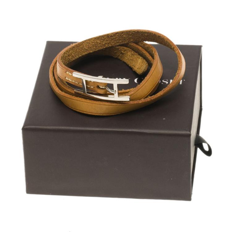 Pre Owned Hermès Hapi 3 MM Brown Leather Palladium Plated Bracelet