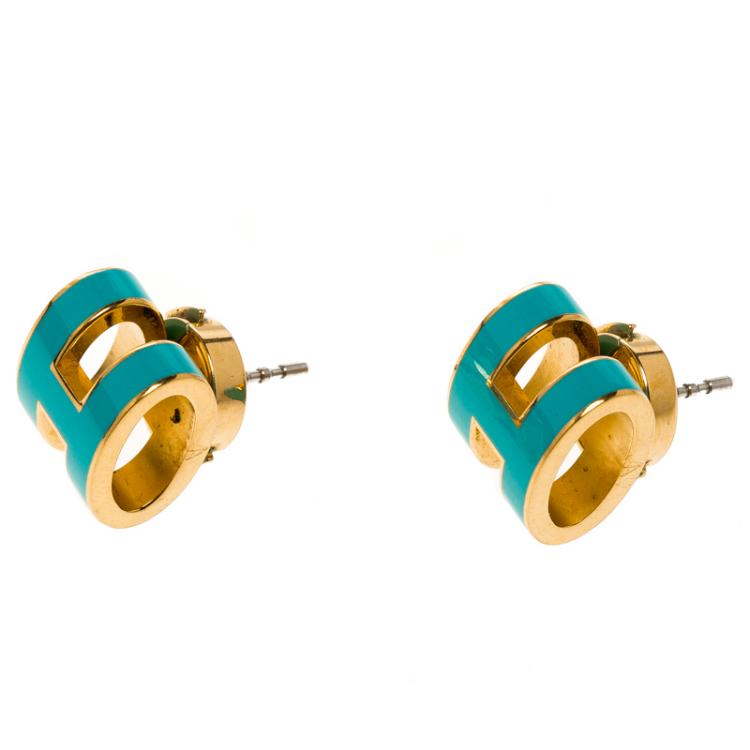 Pre Owned Hermes Pop H Turquoise Lacquered Gold Plated Stud Earrings
