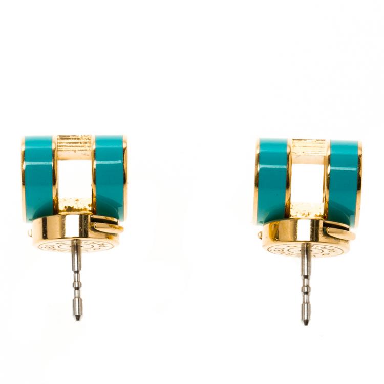 Pre Owned Hermes Pop H Turquoise Lacquered Gold Plated Stud Earrings