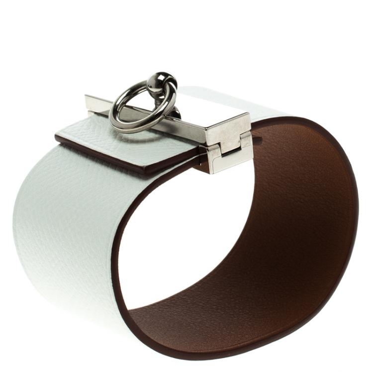Pre Owned Hermes Imprévisible White Leather Palladium Plated Wide Bracelet