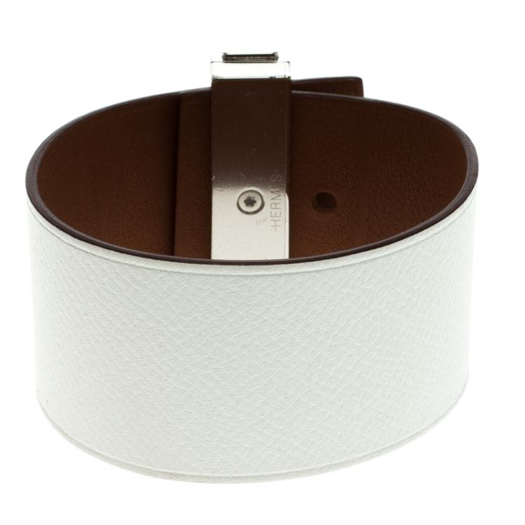 Pre Owned Hermes Imprévisible White Leather Palladium Plated Wide Bracelet