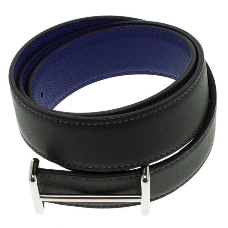 Pre Owned Hermes Dark Grey/Purple Leather Palladium Idem Belt 85 CM