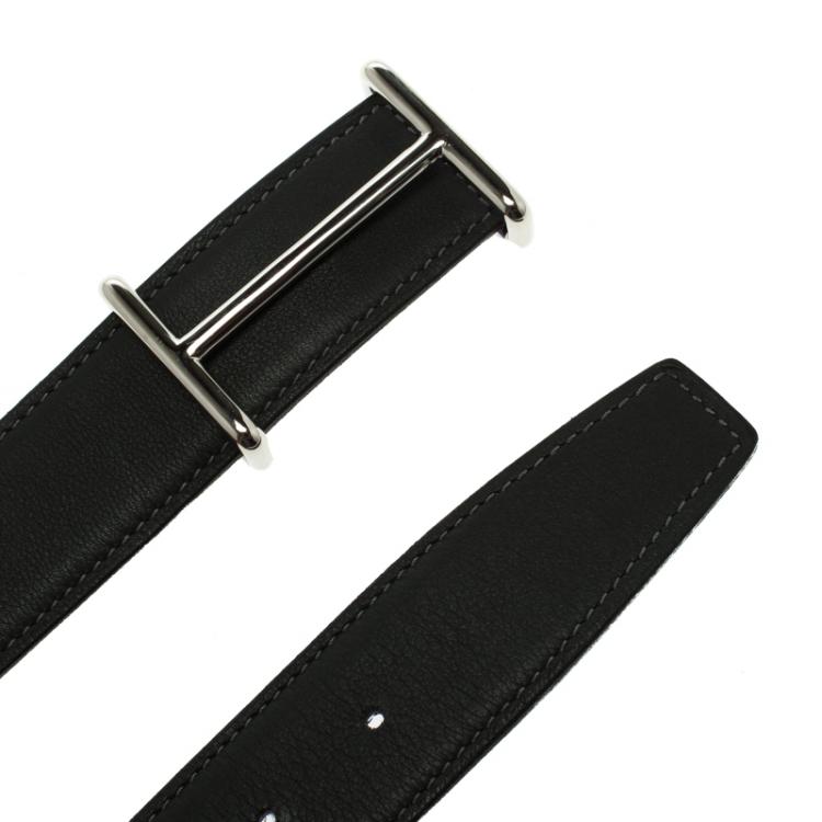 Pre Owned Hermes Dark Grey/Purple Leather Palladium Idem Belt 85 CM