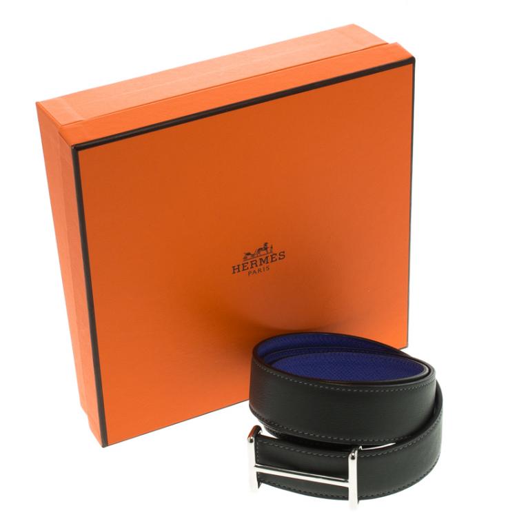 Pre Owned Hermes Dark Grey/Purple Leather Palladium Idem Belt 85 CM