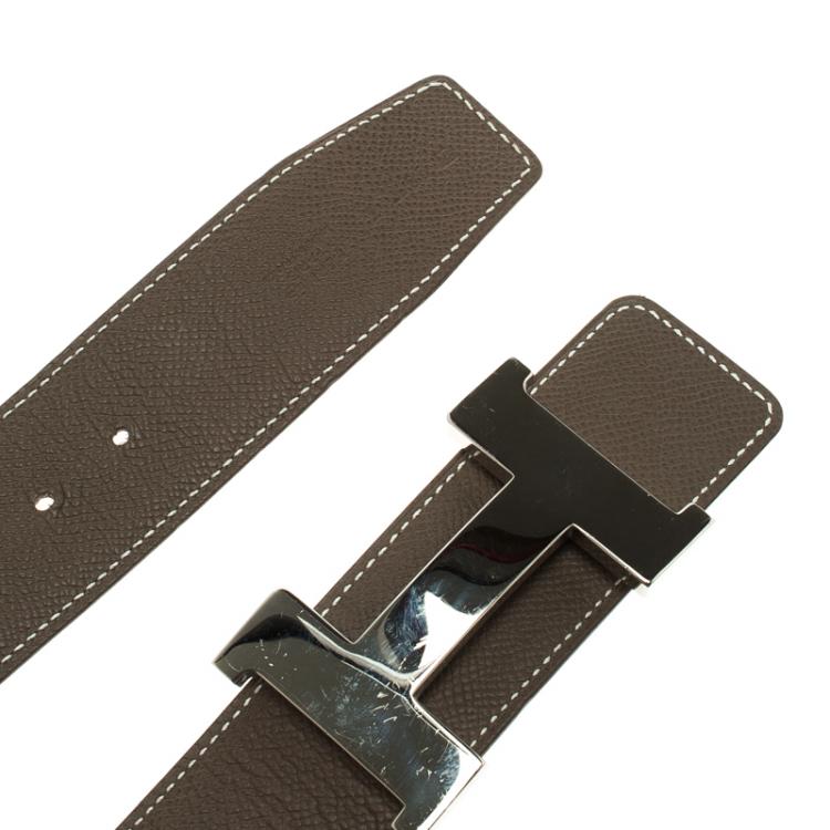 Pre Owned Hermes Brown/Beige Leather Palladium Contance Reversible Belt 90 CM