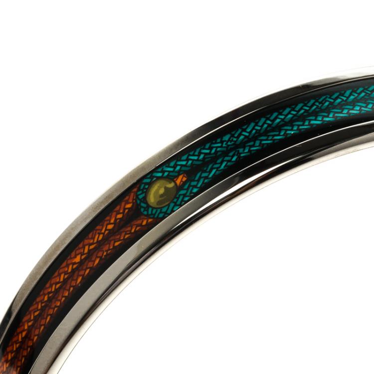 Pre Owned Hermes Multicolor Printed Enamel Palladium Plated Narrow Bracelet GM