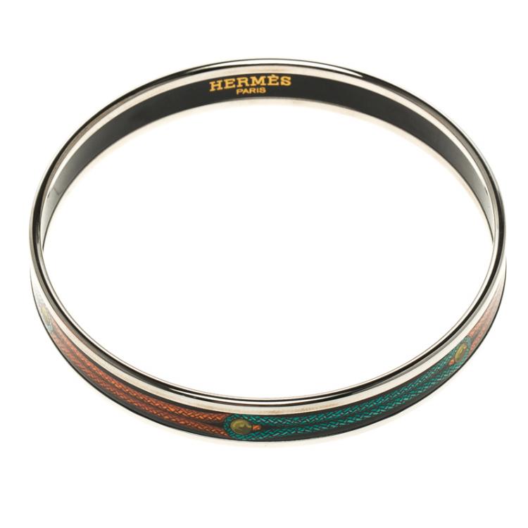 Pre Owned Hermes Multicolor Printed Enamel Palladium Plated Narrow Bracelet GM