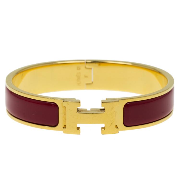 Pre Owned Hermes Clic Clac H Narrow Red Enamel Gold-Plated Bracelet PM