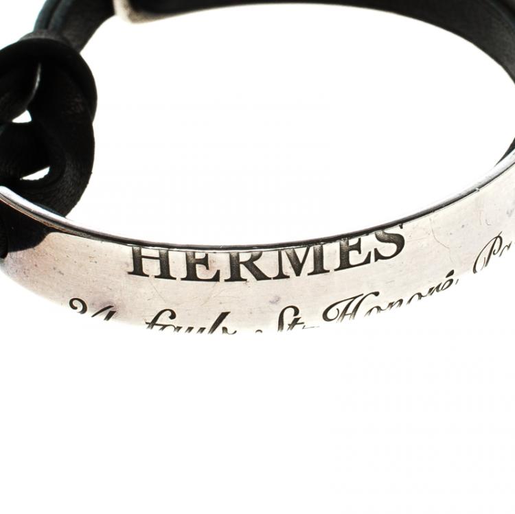 Pre Owned Hermes Silver & Leather Cartouche Bracelet 16cm