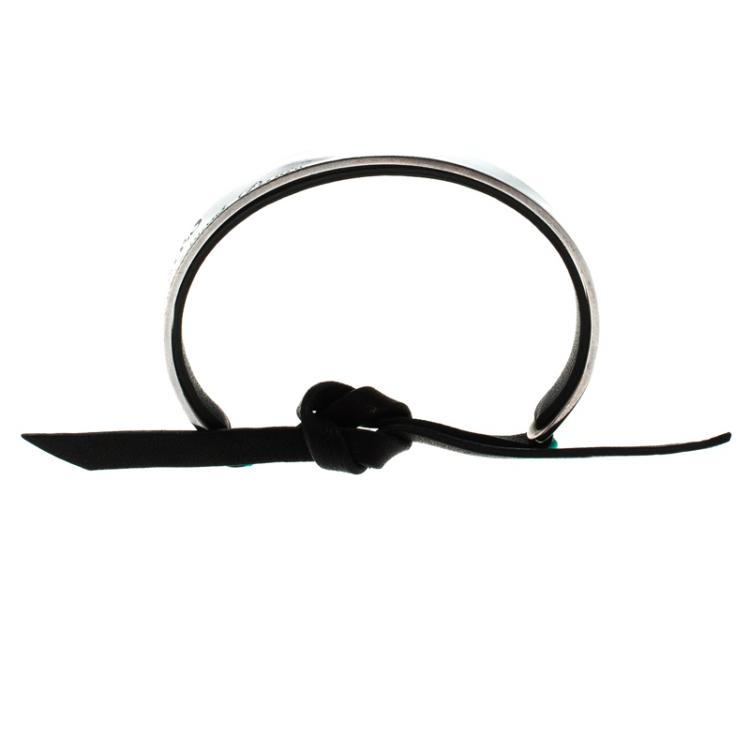 Pre Owned Hermes Silver & Leather Cartouche Bracelet 16cm