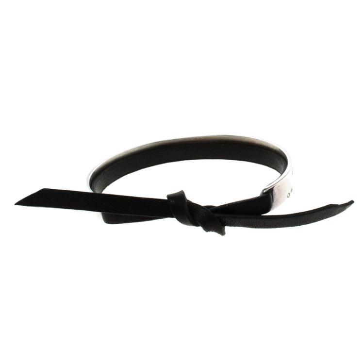 Pre Owned Hermes Silver & Leather Cartouche Bracelet 16cm