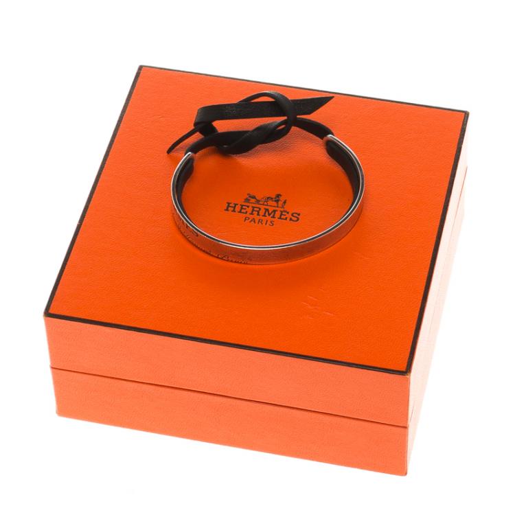 Pre Owned Hermes Silver & Leather Cartouche Bracelet 16cm