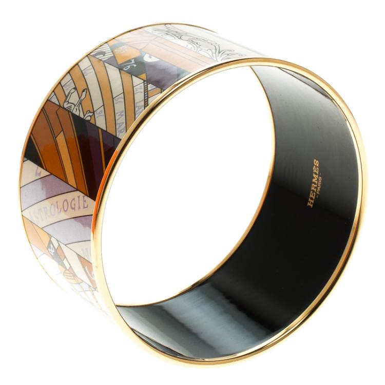 Pre Owned Hermes Astrologie Nouvelle Enamel Print Gold Plate Extra Wide Bangle Bracelet GM