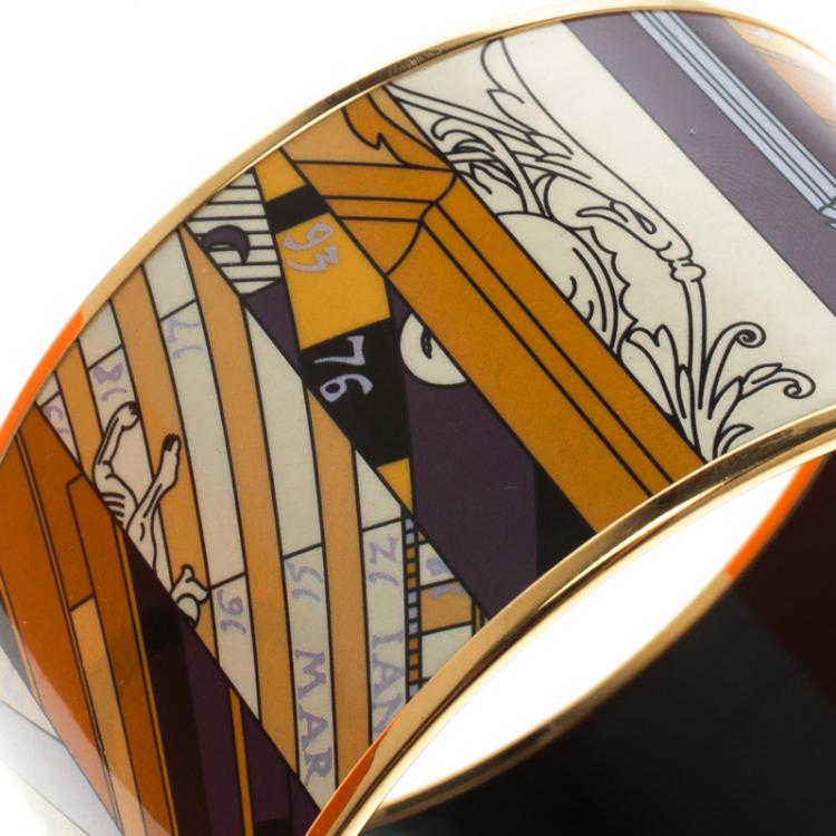 Pre Owned Hermes Astrologie Nouvelle Enamel Print Gold Plate Extra Wide Bangle Bracelet GM