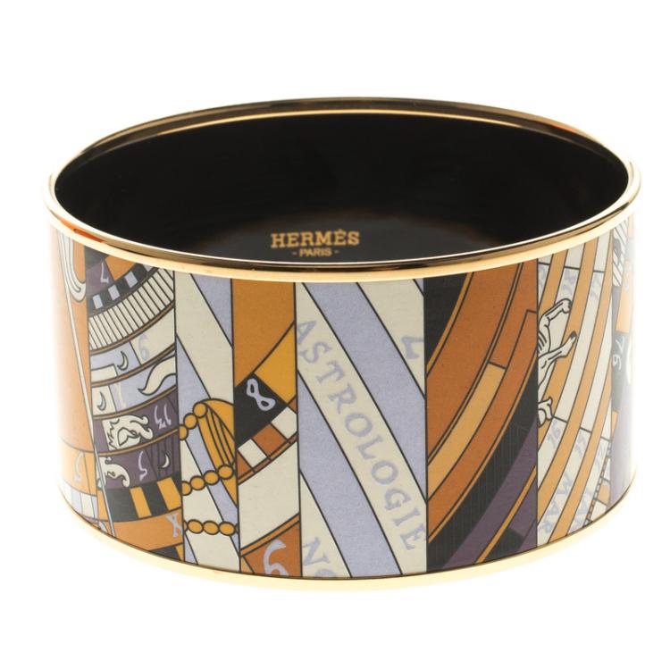 Pre Owned Hermes Astrologie Nouvelle Enamel Print Gold Plate Extra Wide Bangle Bracelet GM