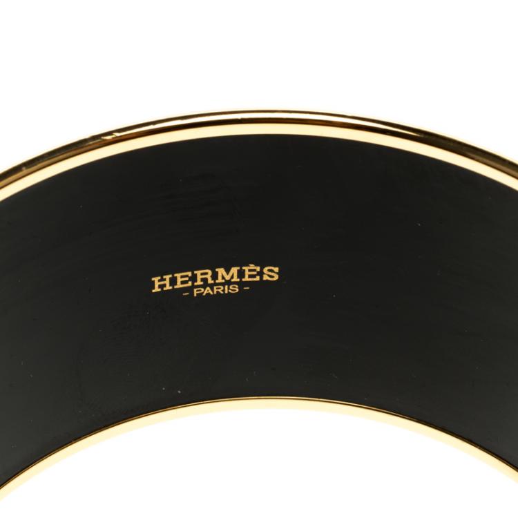 Pre Owned Hermes Astrologie Nouvelle Enamel Print Gold Plate Extra Wide Bangle Bracelet GM