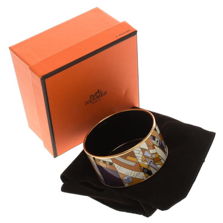 Pre Owned Hermes Astrologie Nouvelle Enamel Print Gold Plate Extra Wide Bangle Bracelet GM