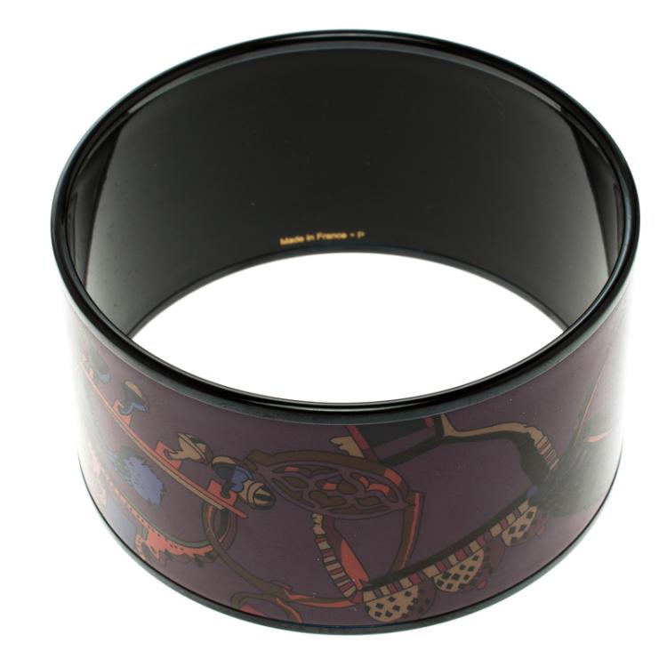 Pre Owned Hermes Purple Printed Enamel Black PVD-plated Wide Bangle Bracelet GM