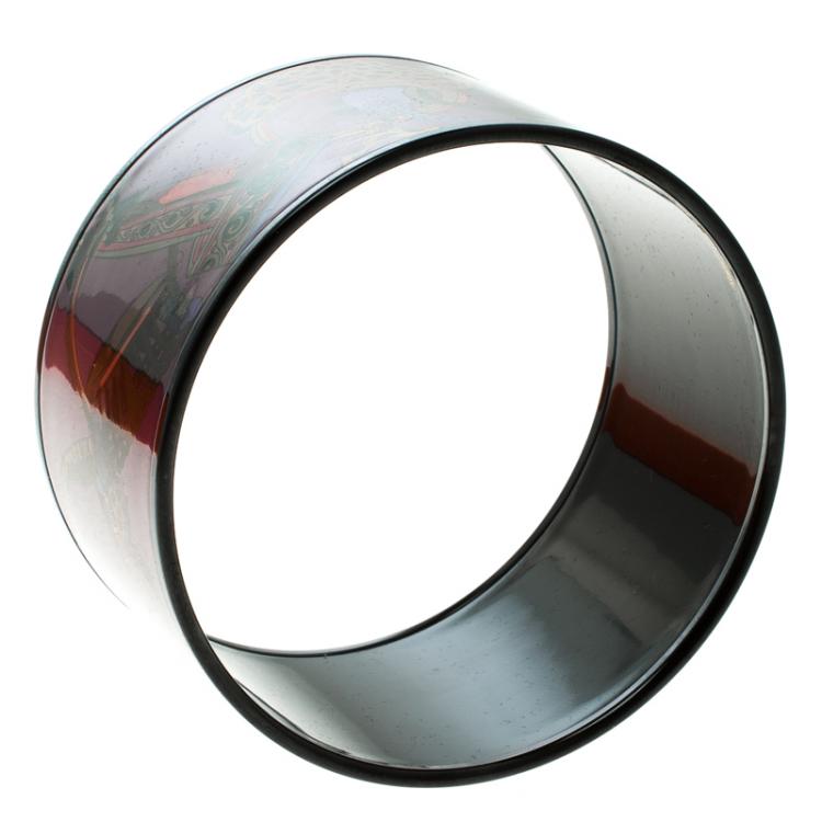 Pre Owned Hermes Purple Printed Enamel Black PVD-plated Wide Bangle Bracelet GM