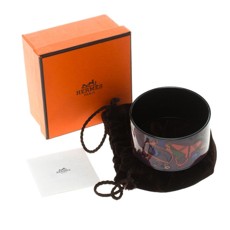 Pre Owned Hermes Purple Printed Enamel Black PVD-plated Wide Bangle Bracelet GM