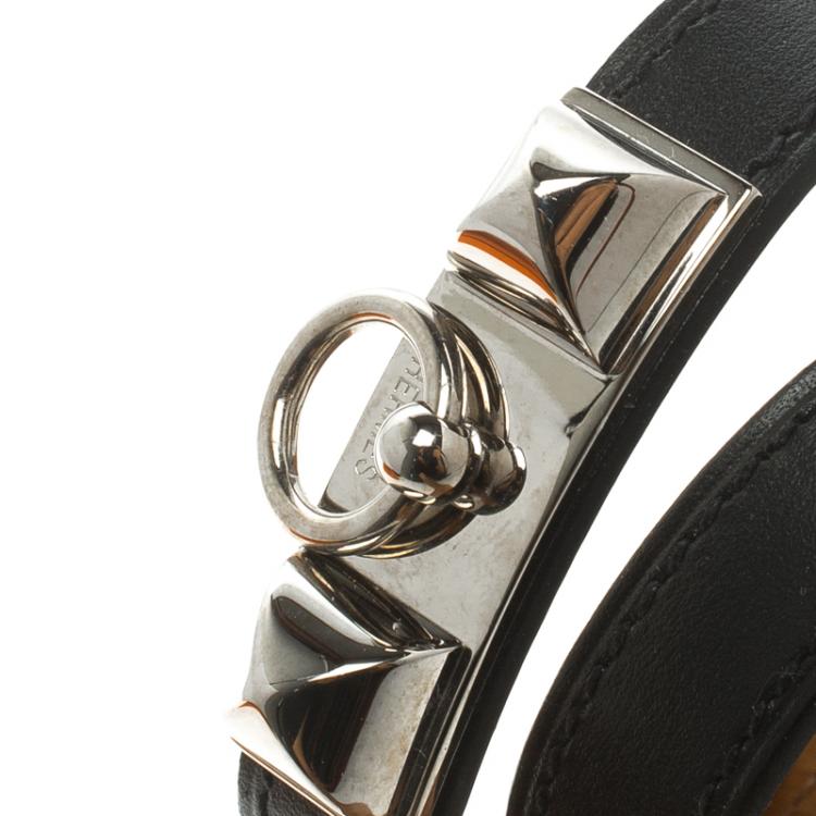 Pre Owned Hermes Rivale Double Tour Black Leather Palladium Plated Bracelet