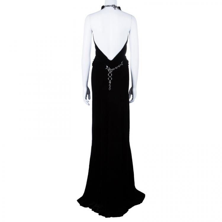 Pre Owned Hermes Black Velvet Halter Back Gown M