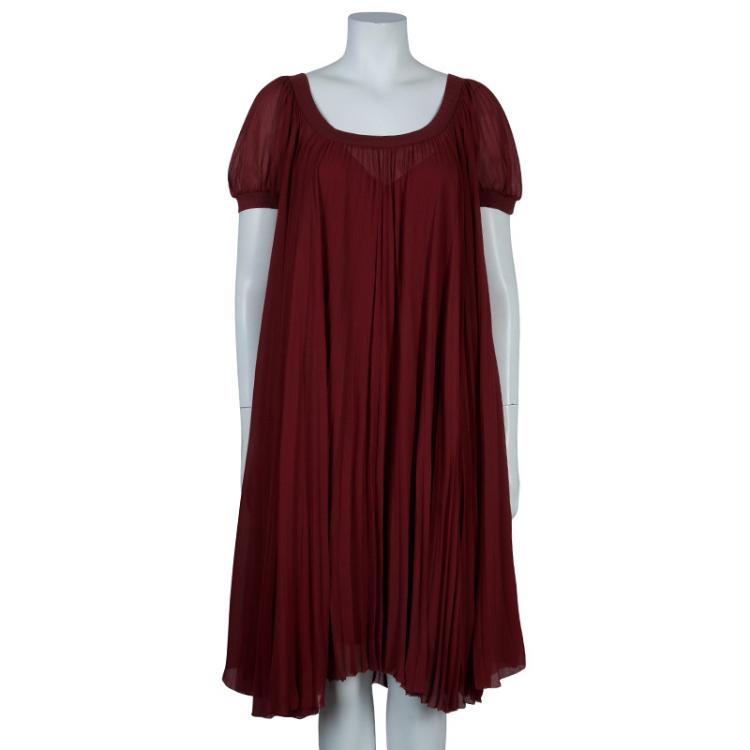 Pre Owned Hermes Red Silk Off-Shoulder Dress M