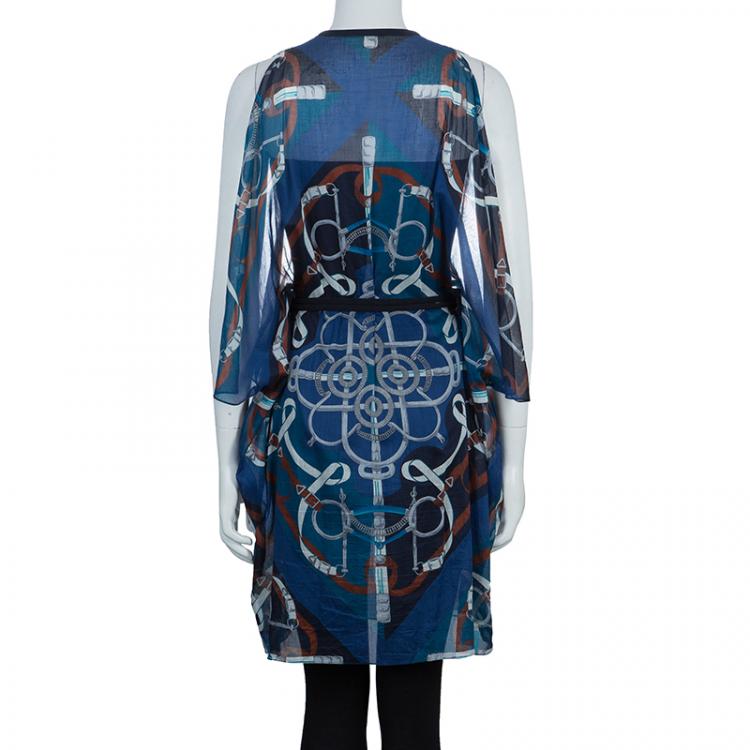 Pre Owned Hermes Blue Printed Corded Belt Detail Sheer Kimono Dress M