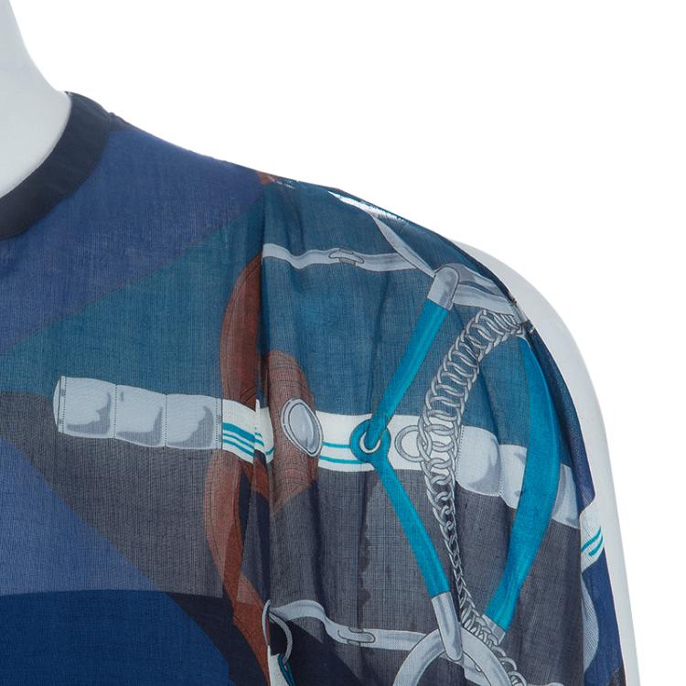 Pre Owned Hermes Blue Printed Corded Belt Detail Sheer Kimono Dress M