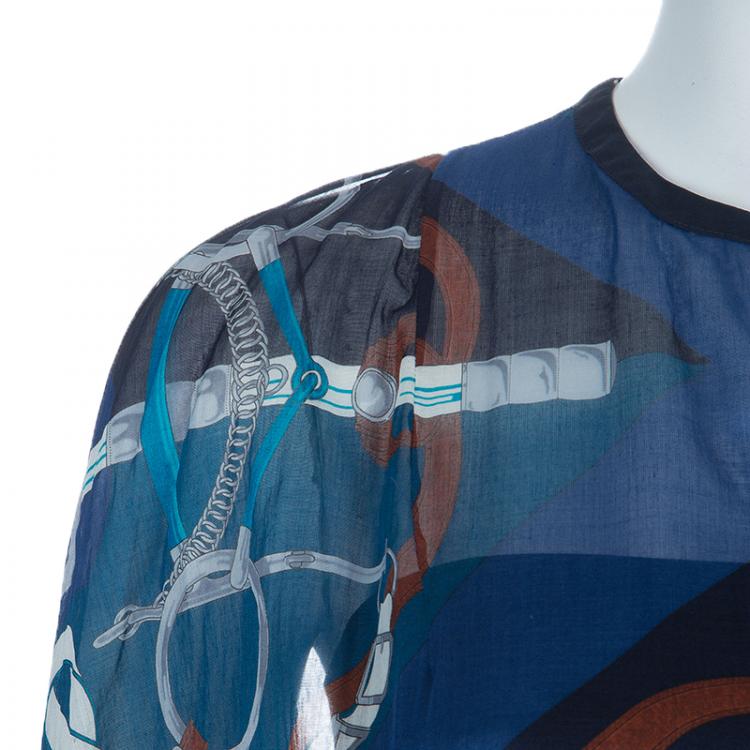 Pre Owned Hermes Blue Printed Corded Belt Detail Sheer Kimono Dress M