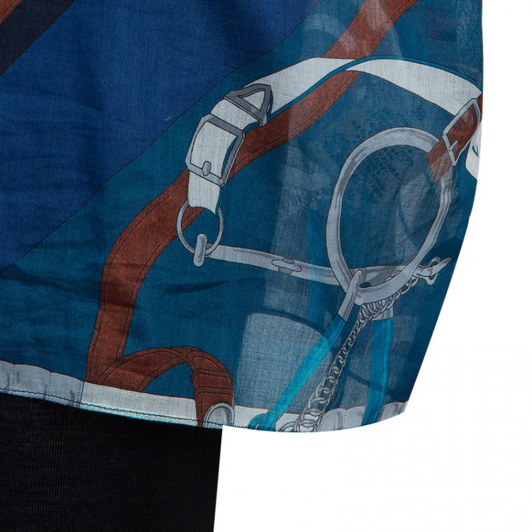 Pre Owned Hermes Blue Printed Corded Belt Detail Sheer Kimono Dress M