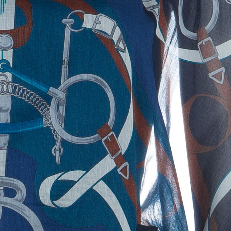 Pre Owned Hermes Blue Printed Corded Belt Detail Sheer Kimono Dress M