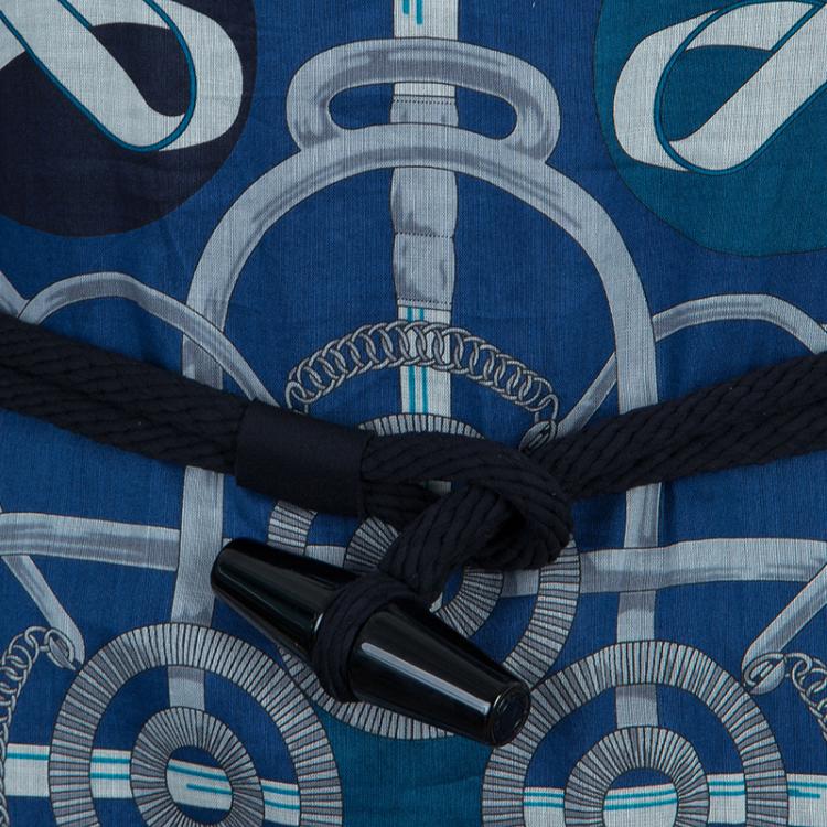 Pre Owned Hermes Blue Printed Corded Belt Detail Sheer Kimono Dress M