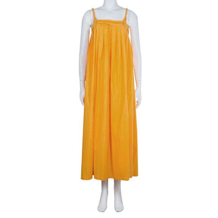 Pre Owned Hermes Orange Pleated Cotton Sleeveless Maxi Dress S