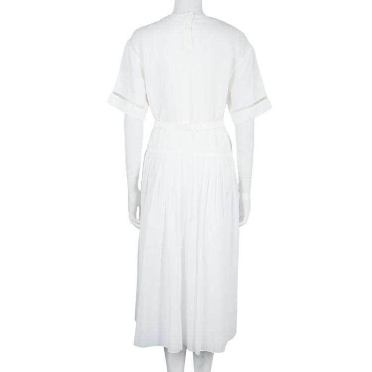 Pre Owned Hermes White Cotton-Linen Belted Dress S