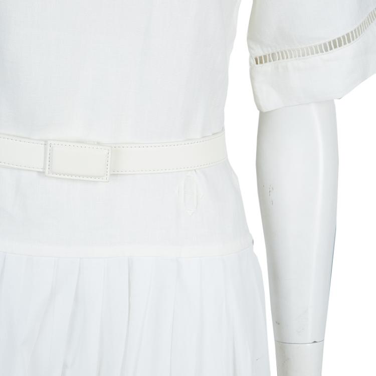 Pre Owned Hermes White Cotton-Linen Belted Dress S