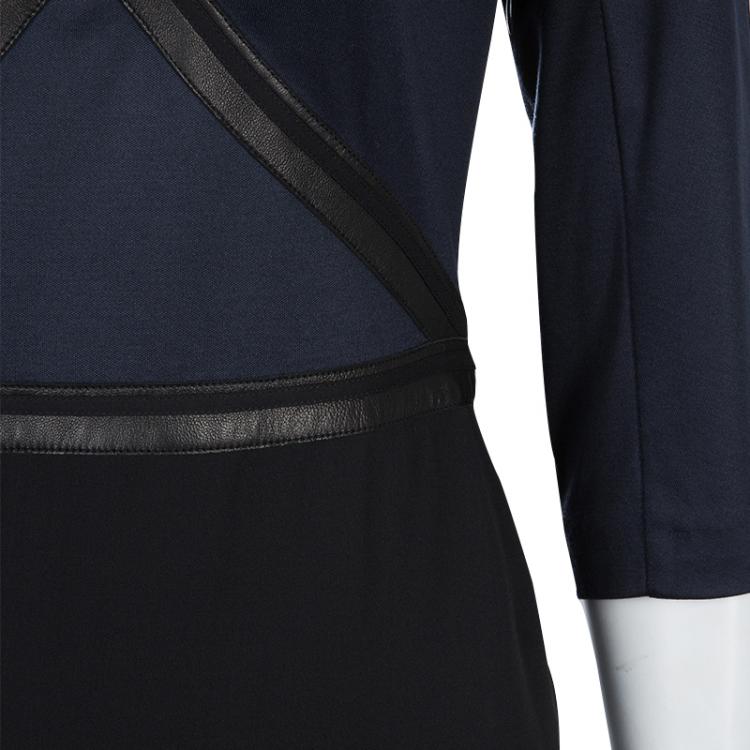 Pre Owned Hermes Black Leather Trim Detail Long Sleeve Dress S