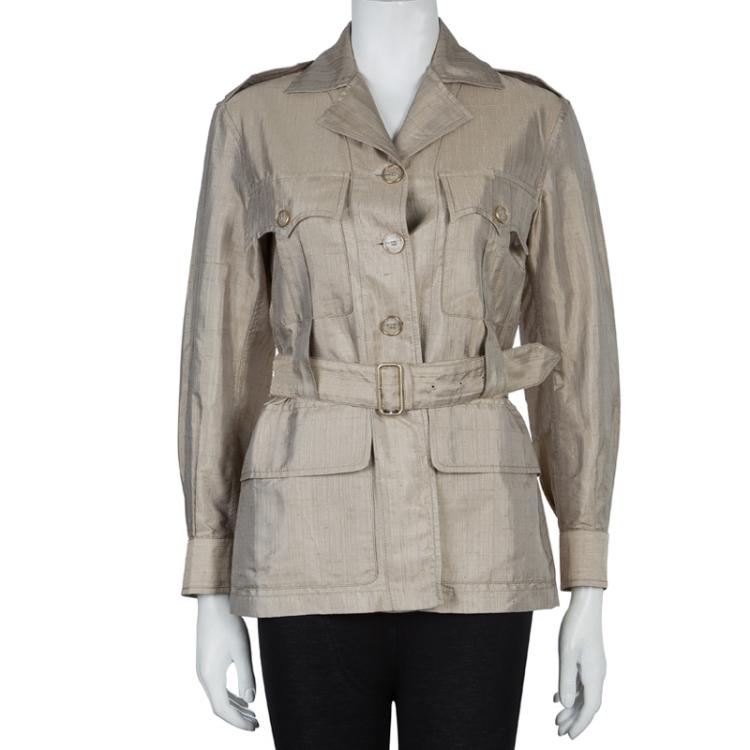 Pre Owned Hermes Beige Raw Silk Notched Collar Belted Jacket S