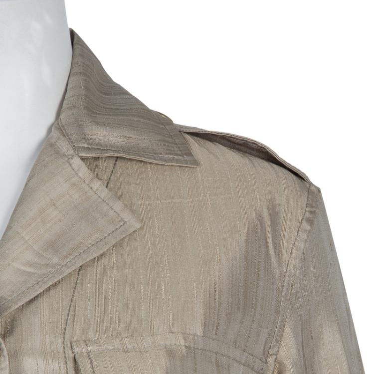 Pre Owned Hermes Beige Raw Silk Notched Collar Belted Jacket S