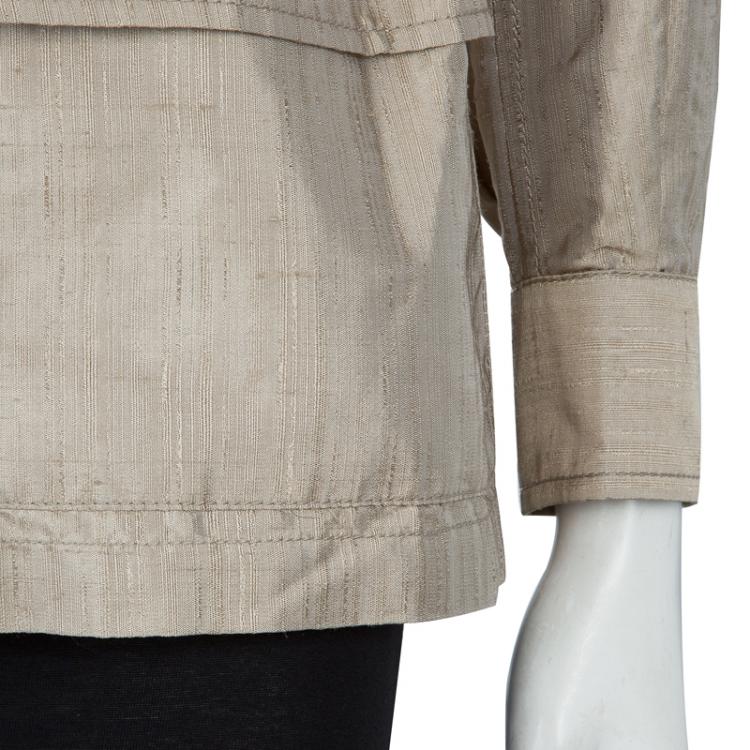 Pre Owned Hermes Beige Raw Silk Notched Collar Belted Jacket S
